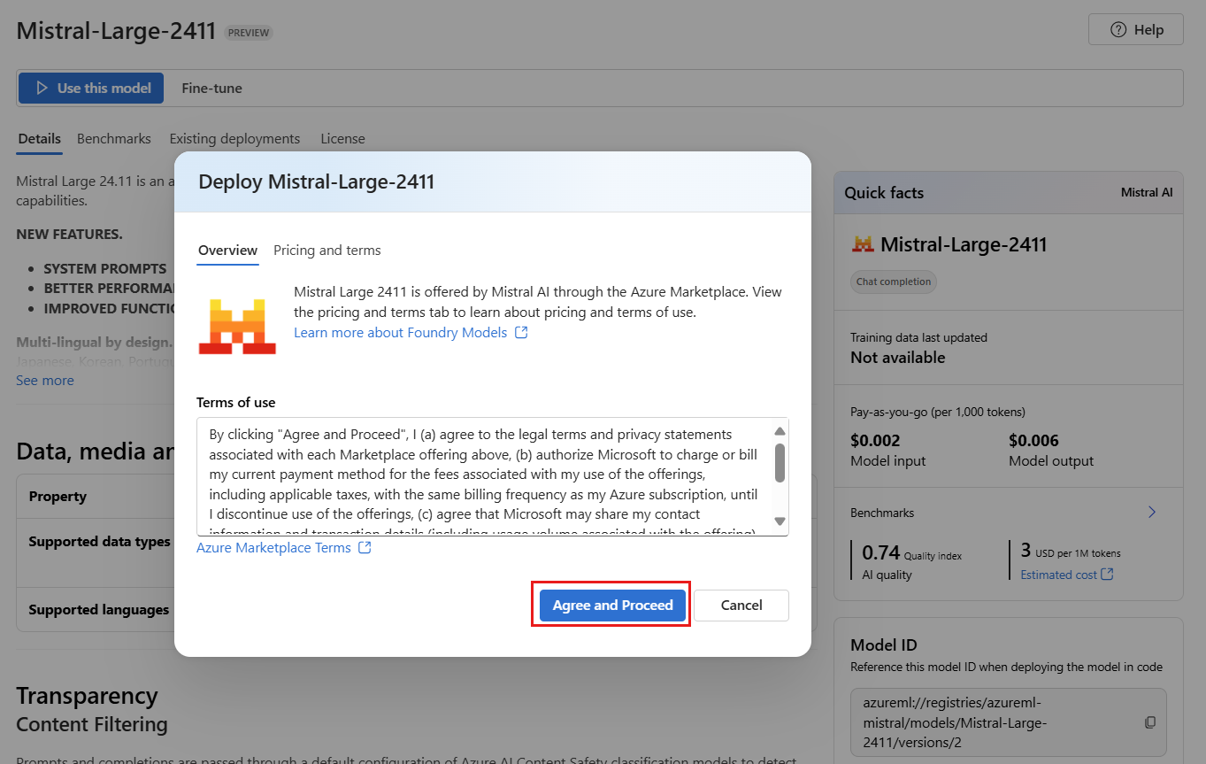 Screenshot showing how to agree the terms and conditions of a Mistral-Large model.