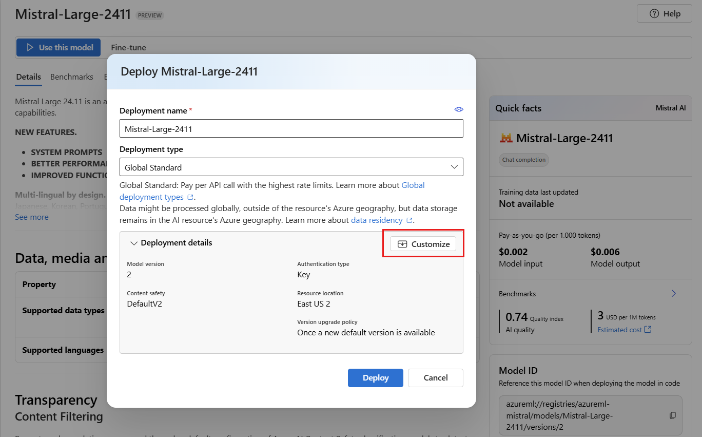 Screenshot showing how to customize the deployment if needed.