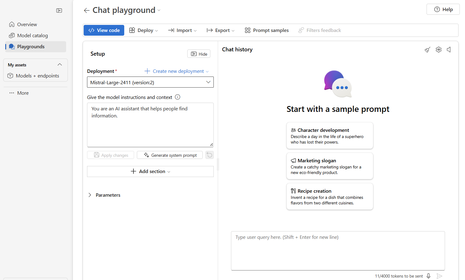 Screenshot showing how to select a model deployment to use in playground.