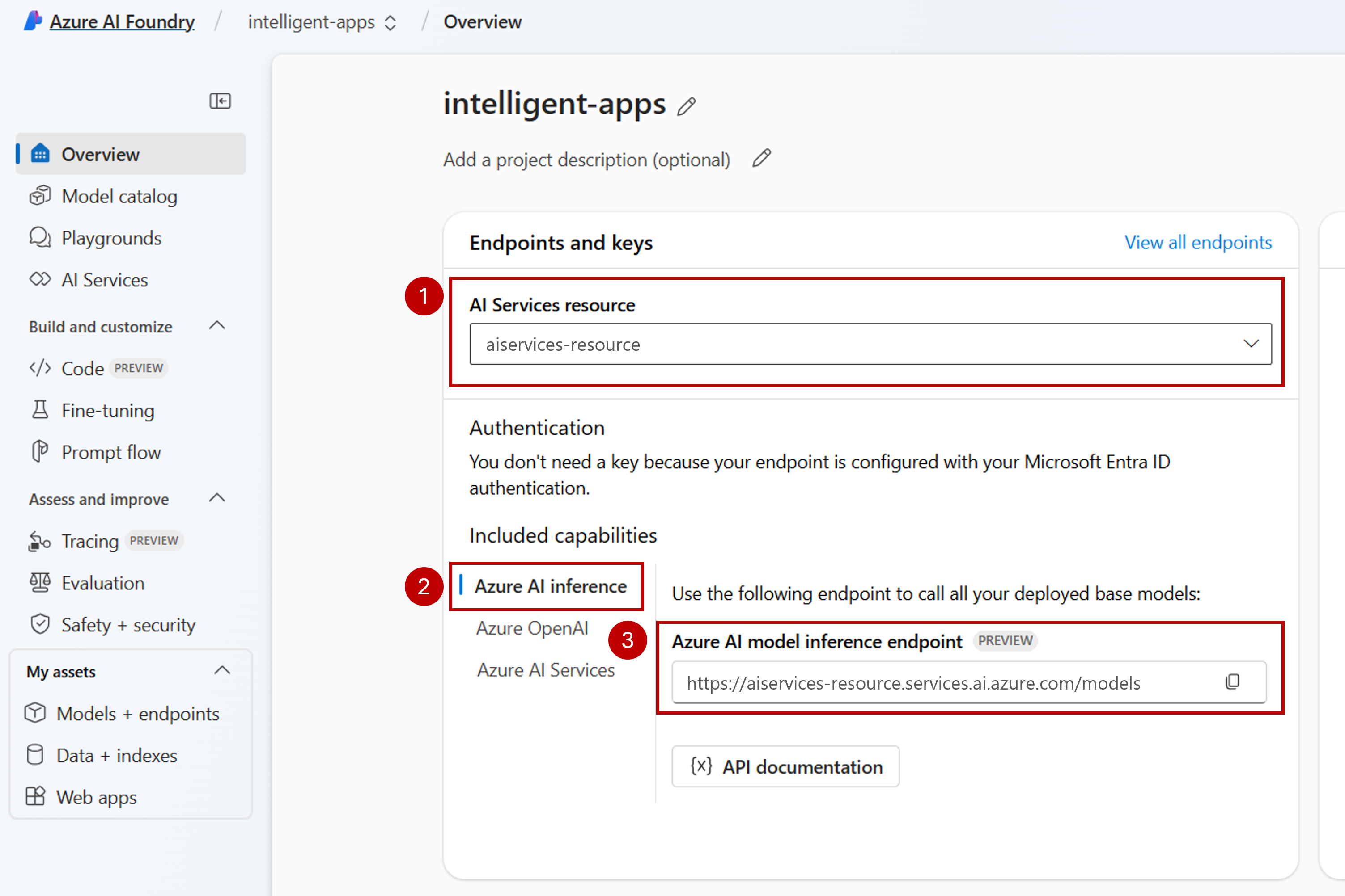Screenshot of the landing page for the project, highlighting the location of the connected resource and the associated inference endpoint.