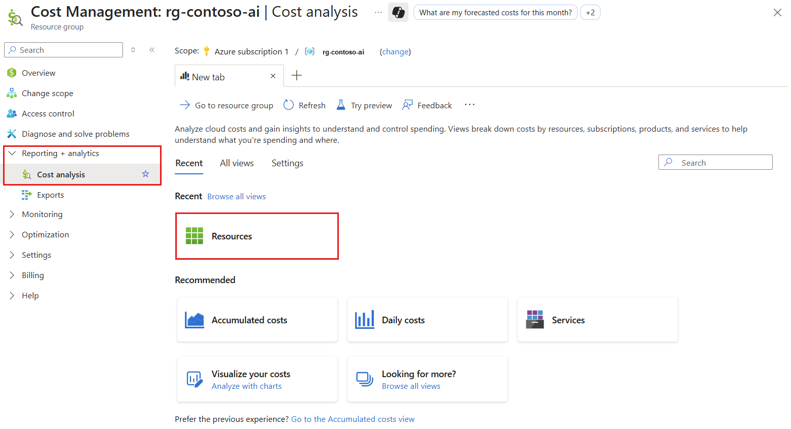 A screenshot of the Cost Analysis tool displaying how to show cost per resource.