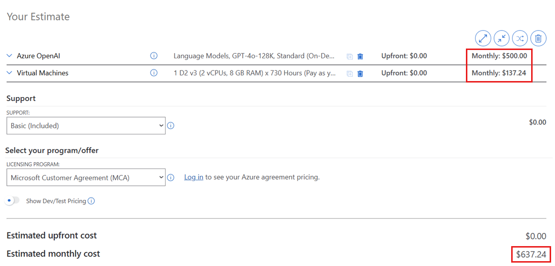 Screenshot of total estimate in the Azure pricing calculator.