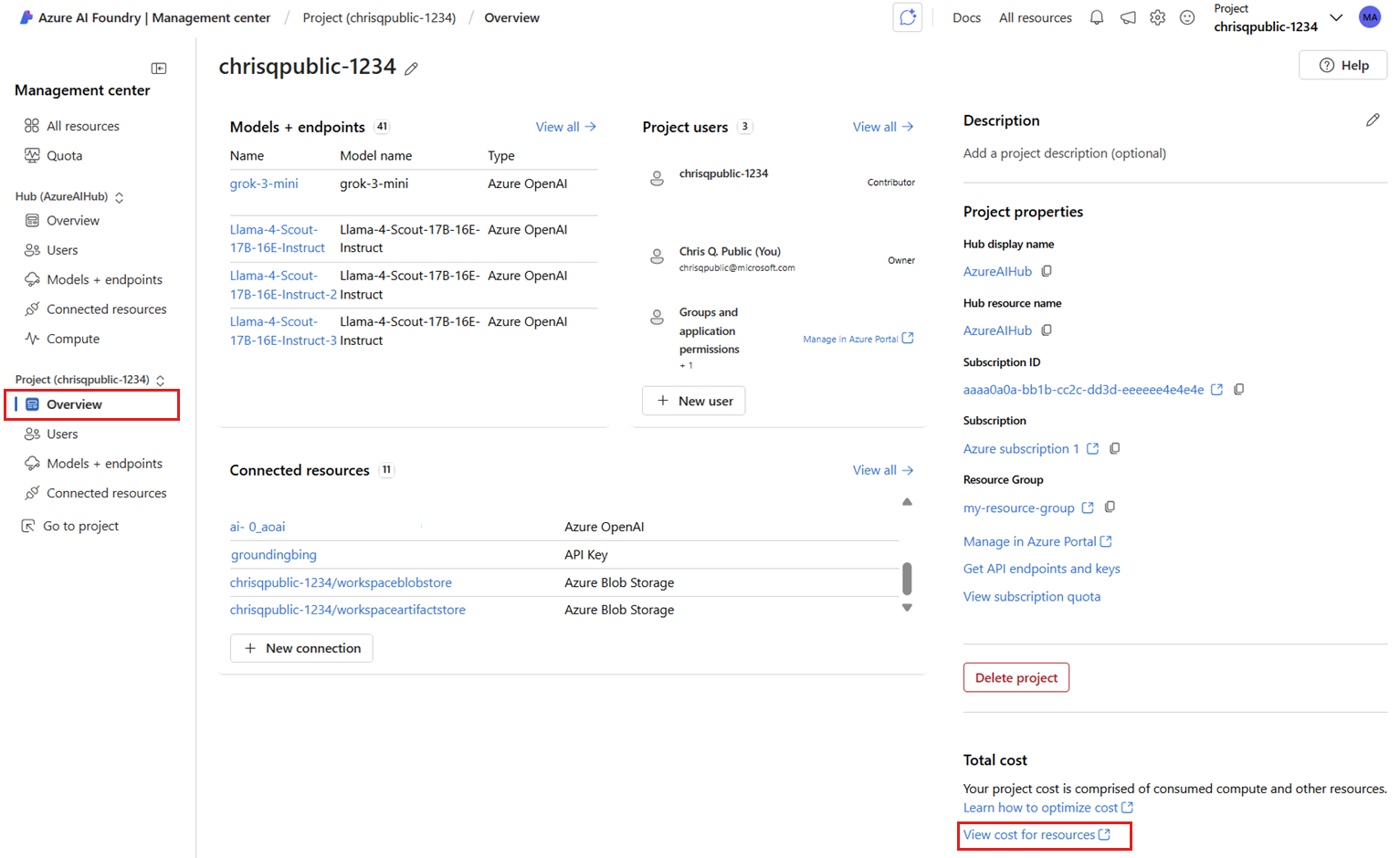 Screenshot of the Azure AI Foundry portal showing how to see project settings.
