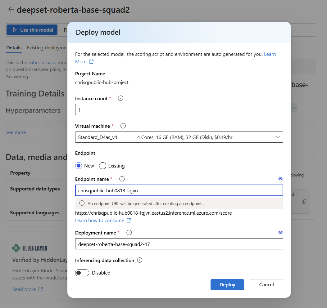 Screenshot of the deployment configuration screen for managed compute deployment in Azure AI Foundry.