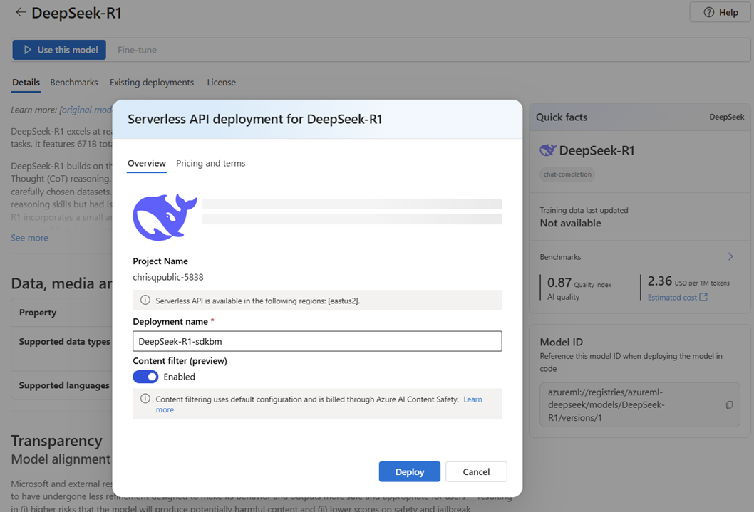 Screenshot showing the deployment wizard for a model sold directly by Azure.