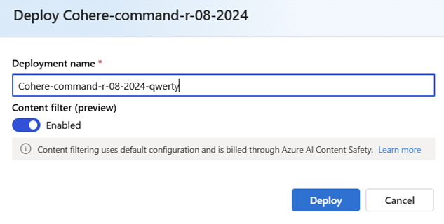 Screenshot of the deployment wizard showing the content filter enabled.