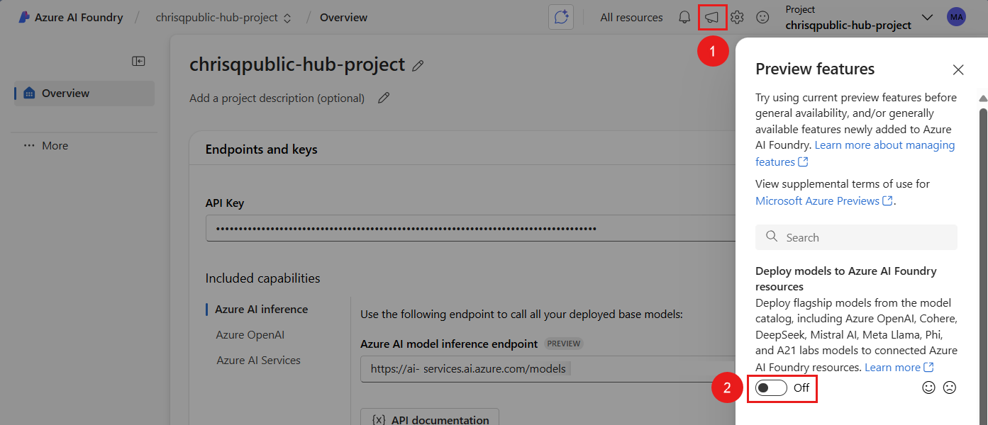 A screenshot of the Azure AI Foundry portal showing where to disable deployment to Azure AI Foundry resources.