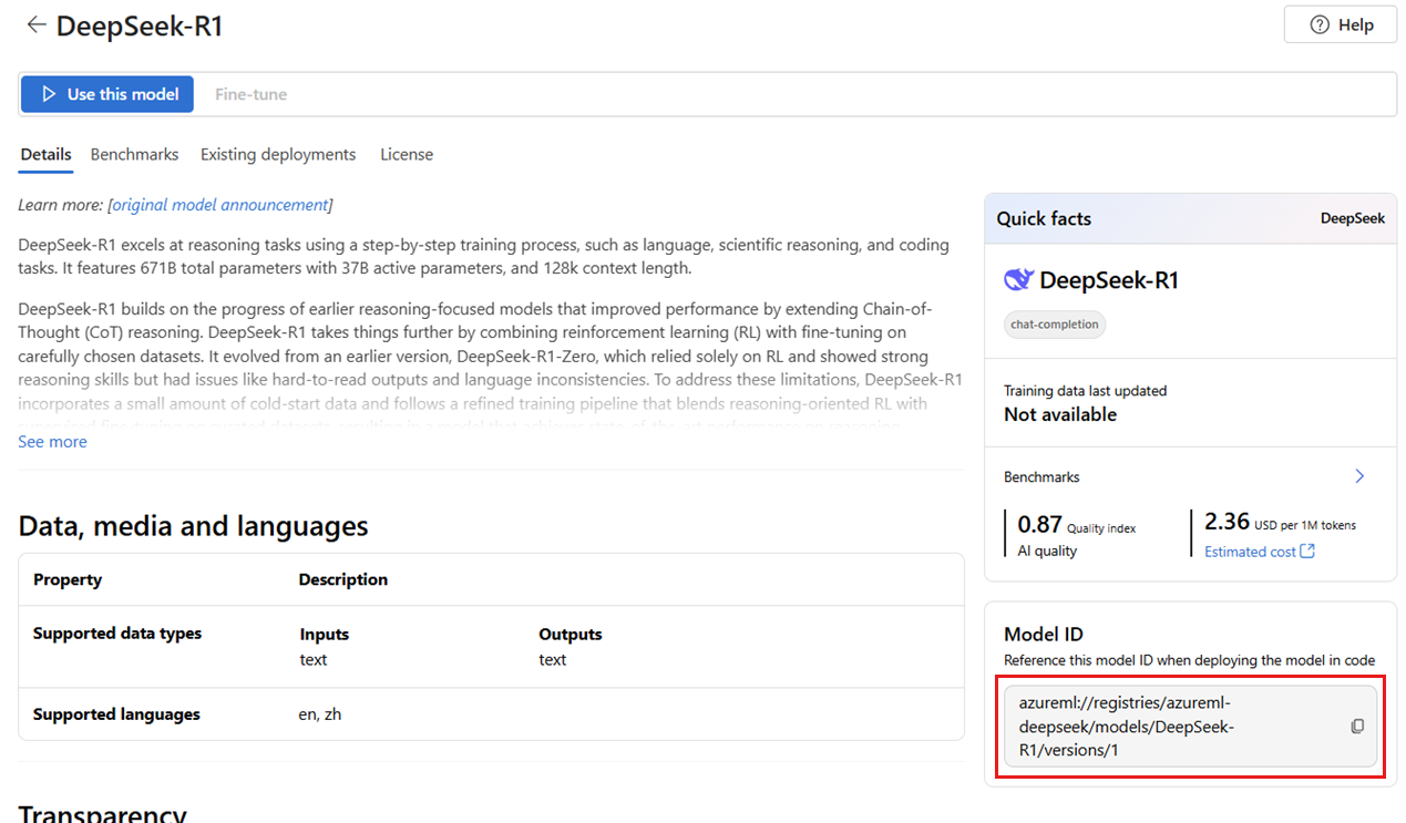 A screenshot showing a model's details page for a model sold directly by Azure.