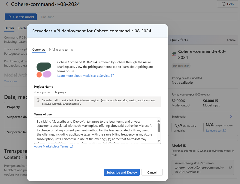 Screenshot showing where to subscribe a model to Azure Marketplace before deployment.