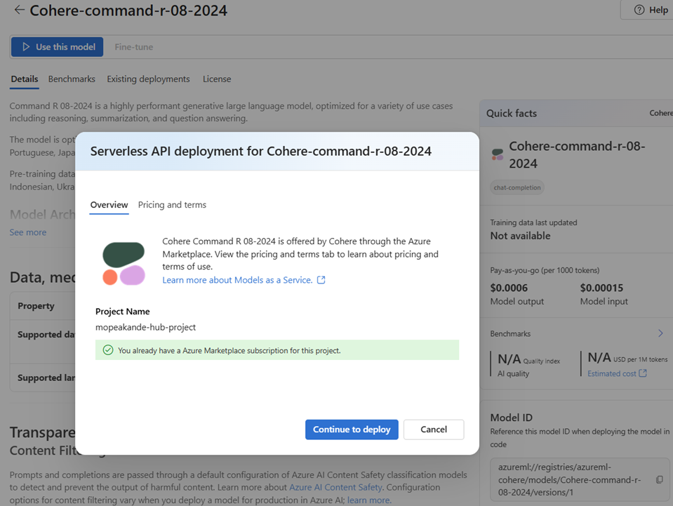 Screenshot of the deployment page for a model that is already subscribed to Azure Marketplace.