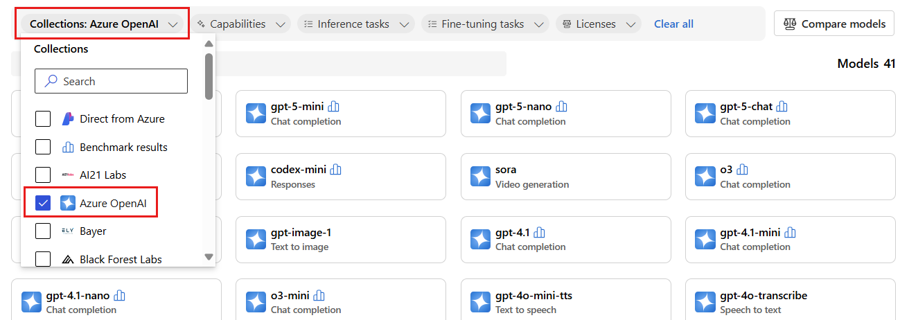 A screenshot showing how to filter by Azure OpenAI models in the catalog.