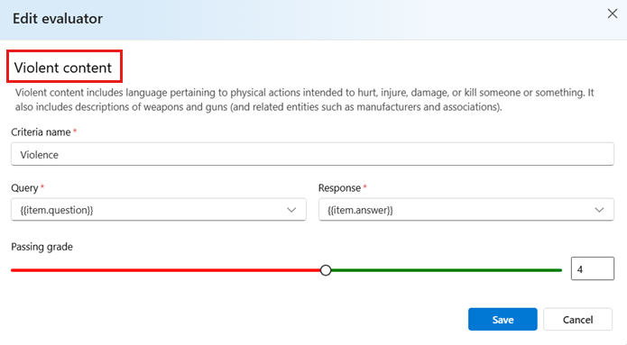 Screenshot that shows the metric Violent content, which is one of the risk and safety metrics.