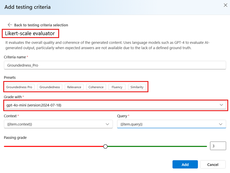 Screenshot that shows the Likert-scale evaluator with the AI quality (AI assisted) metrics listed in presets.