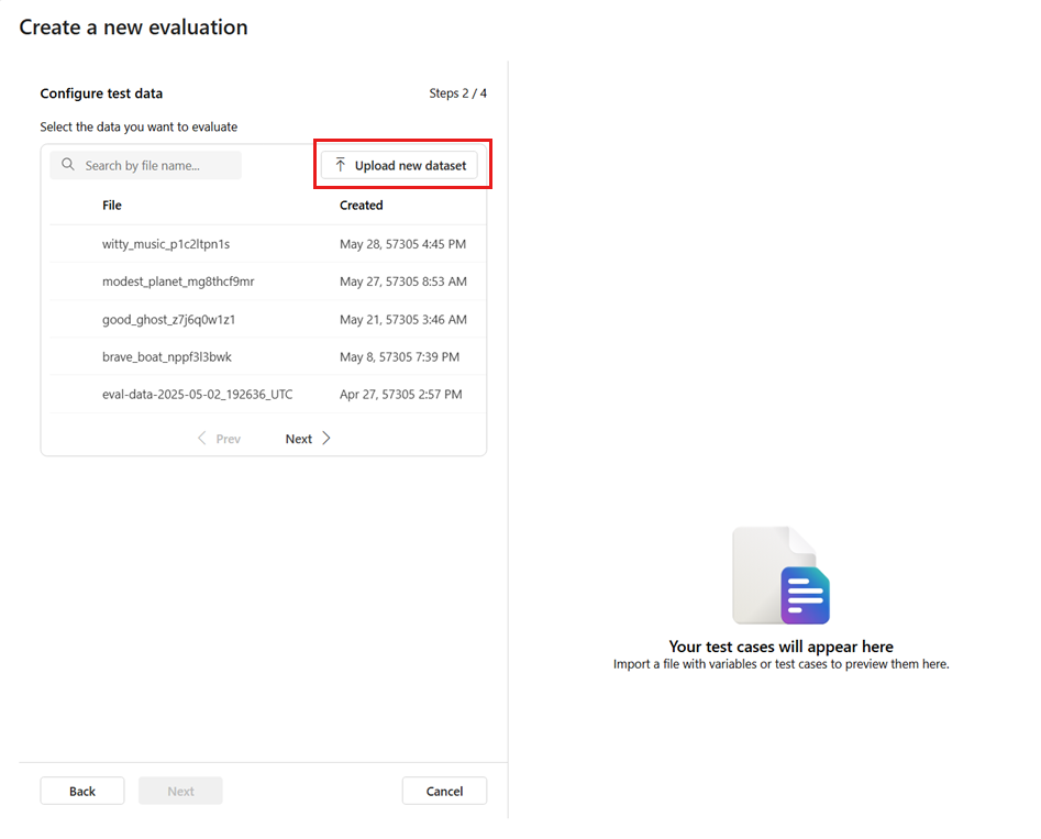 Screenshot of the upload file option that you can use when creating a new evaluation.