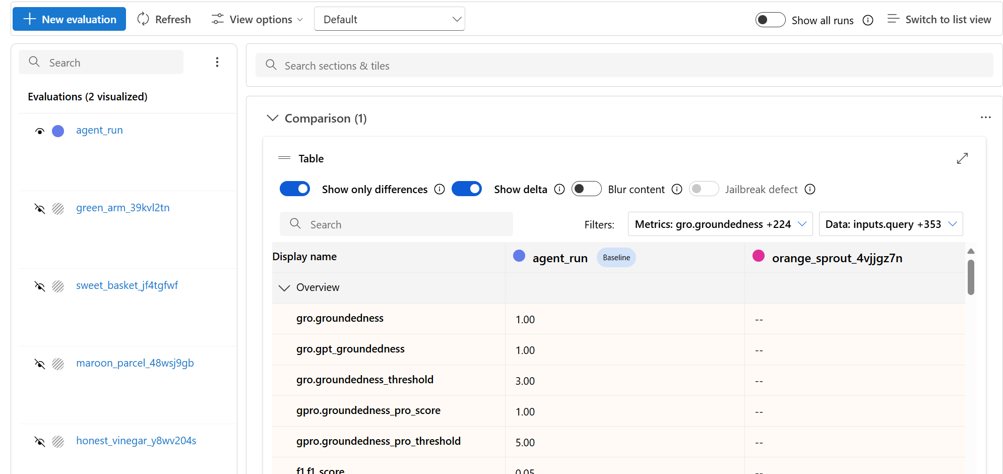 Screenshot that shows automated evaluations when the fields aren't the same.