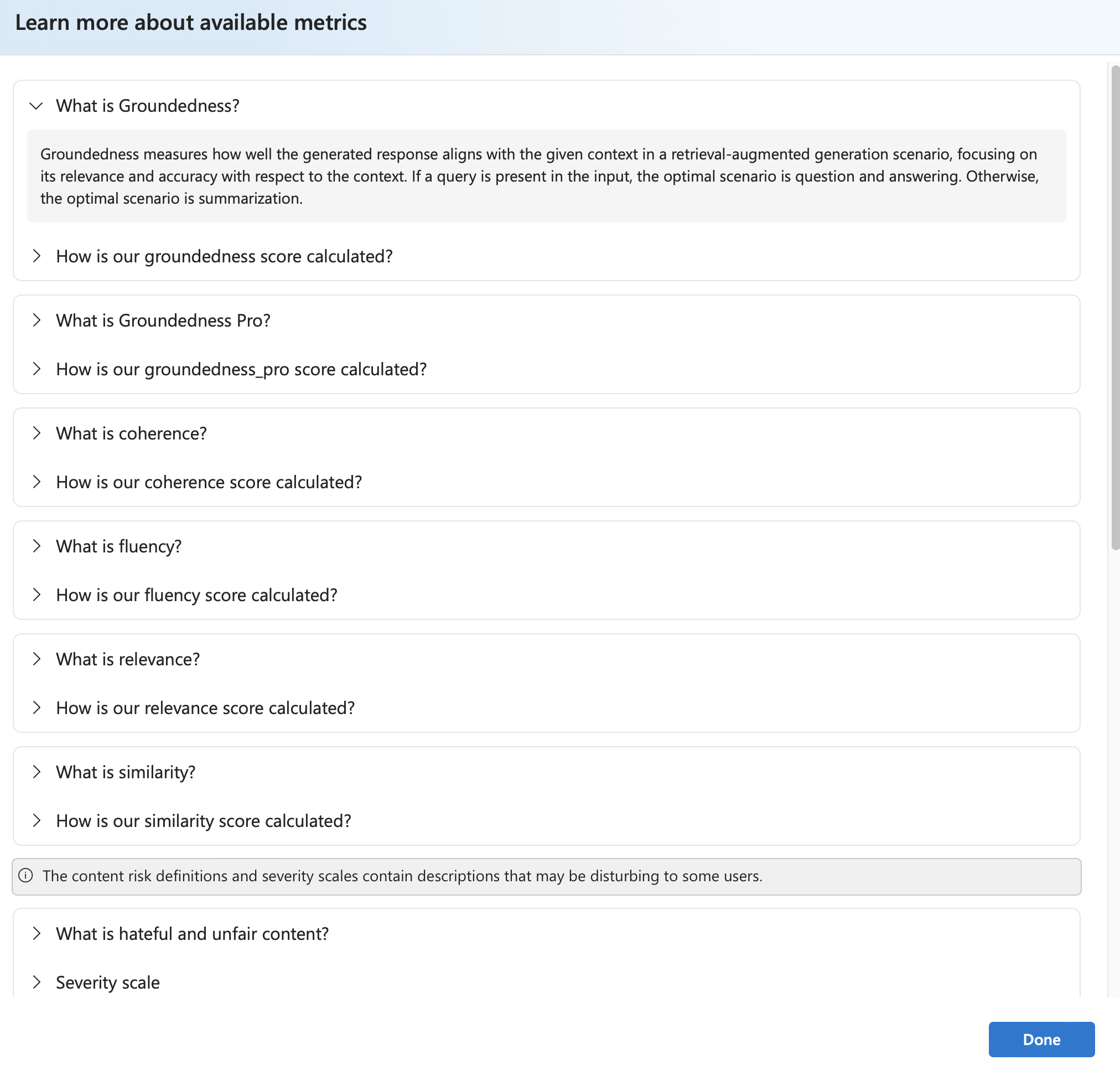 Screenshot that shows details of the evaluation metrics.