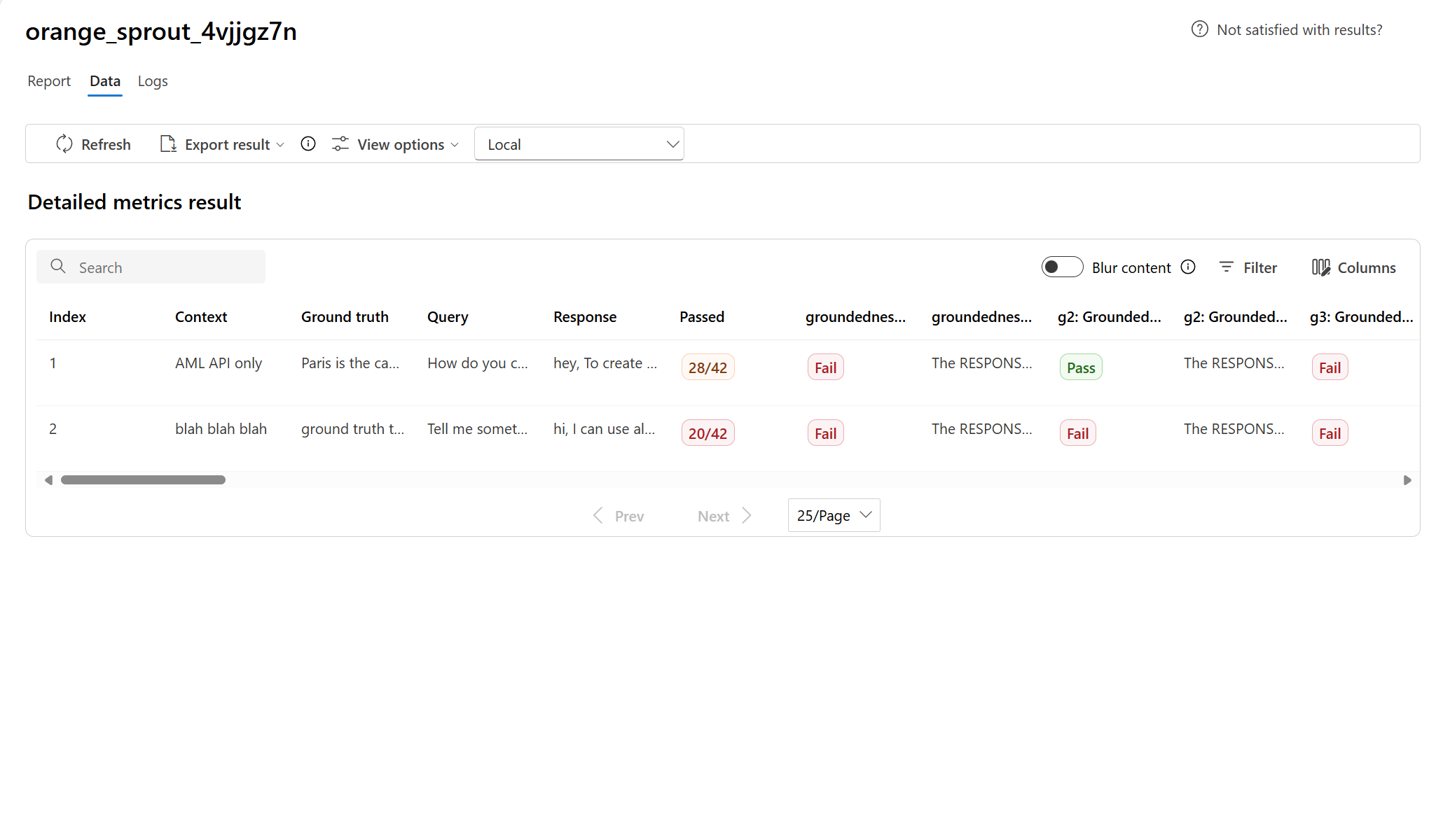 Screenshot that shows metrics results for the question-answering scenario.