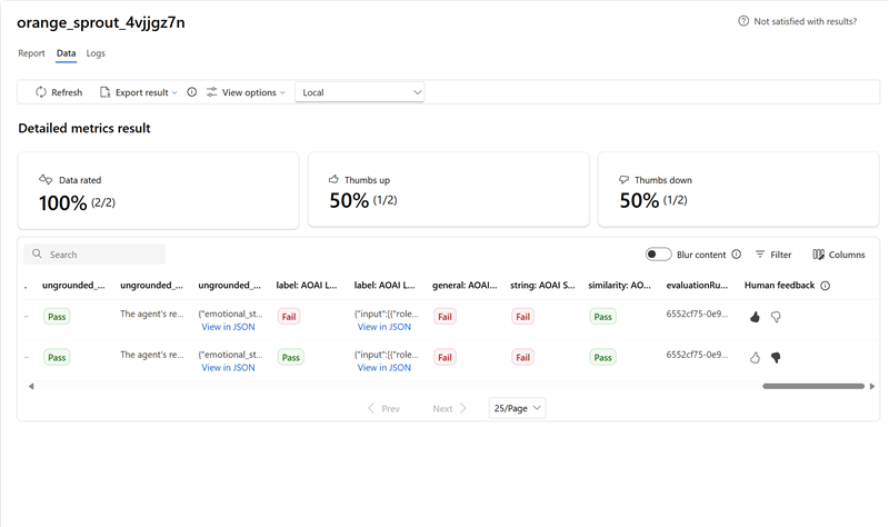 Screenshot that shows risk and safety metrics results with human feedback.