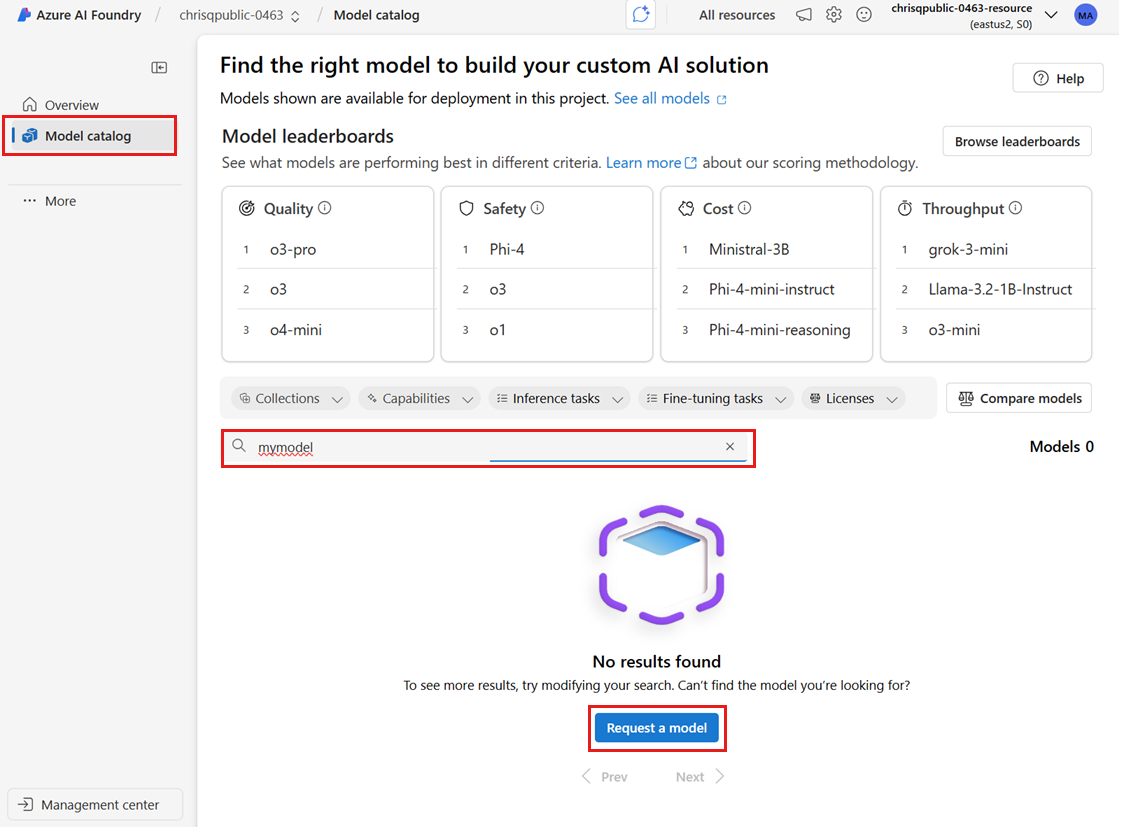 A screenshot showing where to request inclusion of a model in the model catalog.