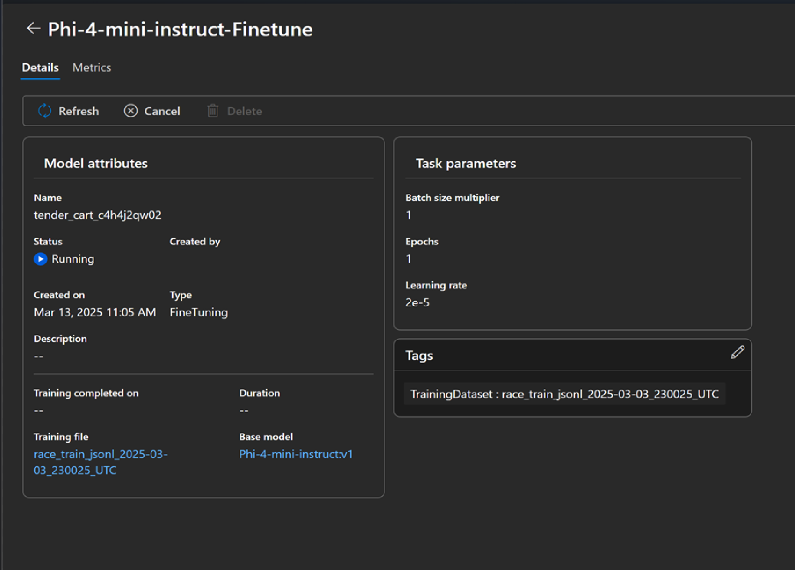 Screenshot of the fine-tuning details dashboard.