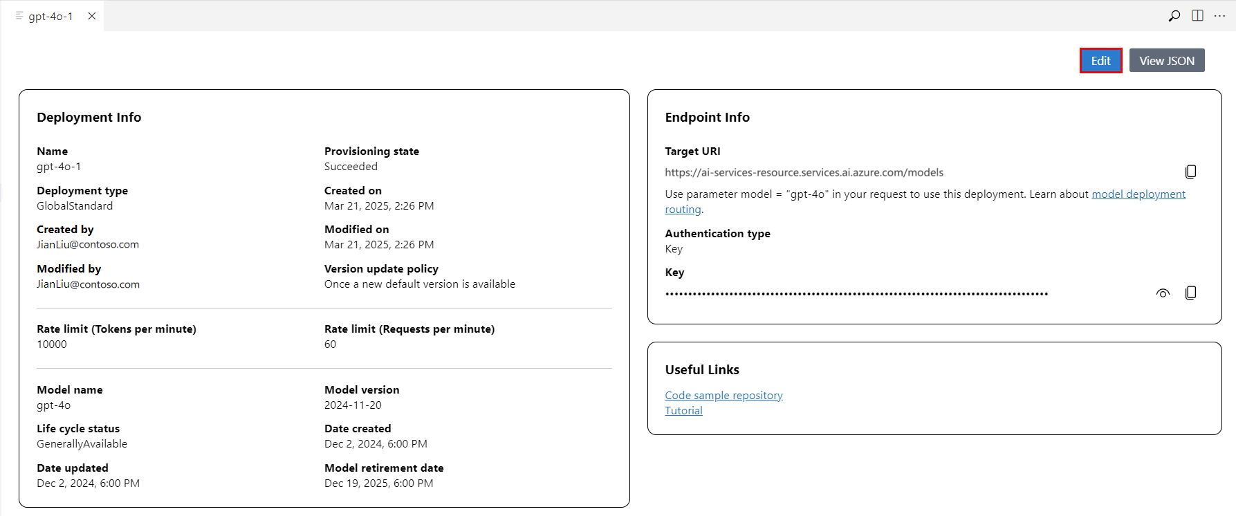 Screenshot of the model card for the selected model with the Edit button highlighted.
