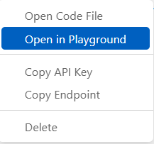 Screenshot of the model context menu with the Open in playground option highlighted.