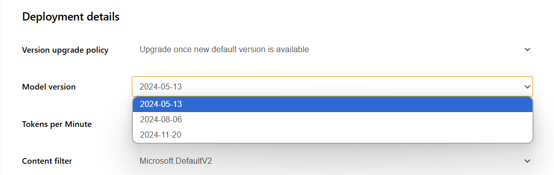 Screenshot of the Model version dropdown.