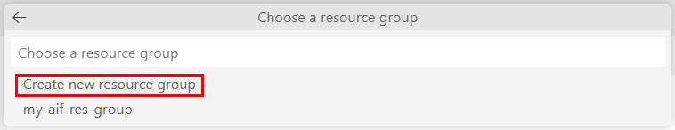 Screenshot of the Choose resource group dropdown with the Create new resource group item highlighted.
