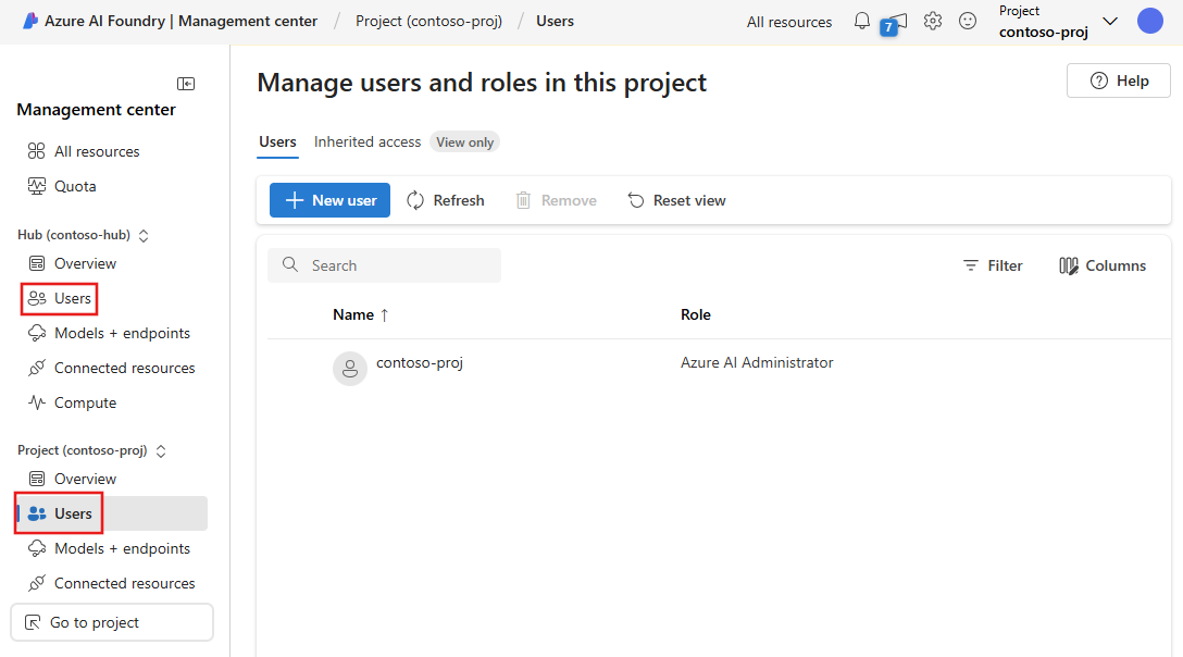 Screenshot of the users area of the management center for a hub.