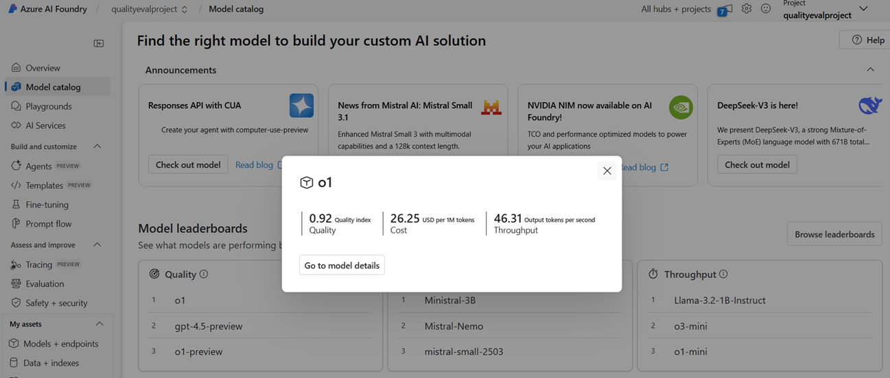 Screenshot showing the selected model from entry point of leaderboards on the model catalog homepage.