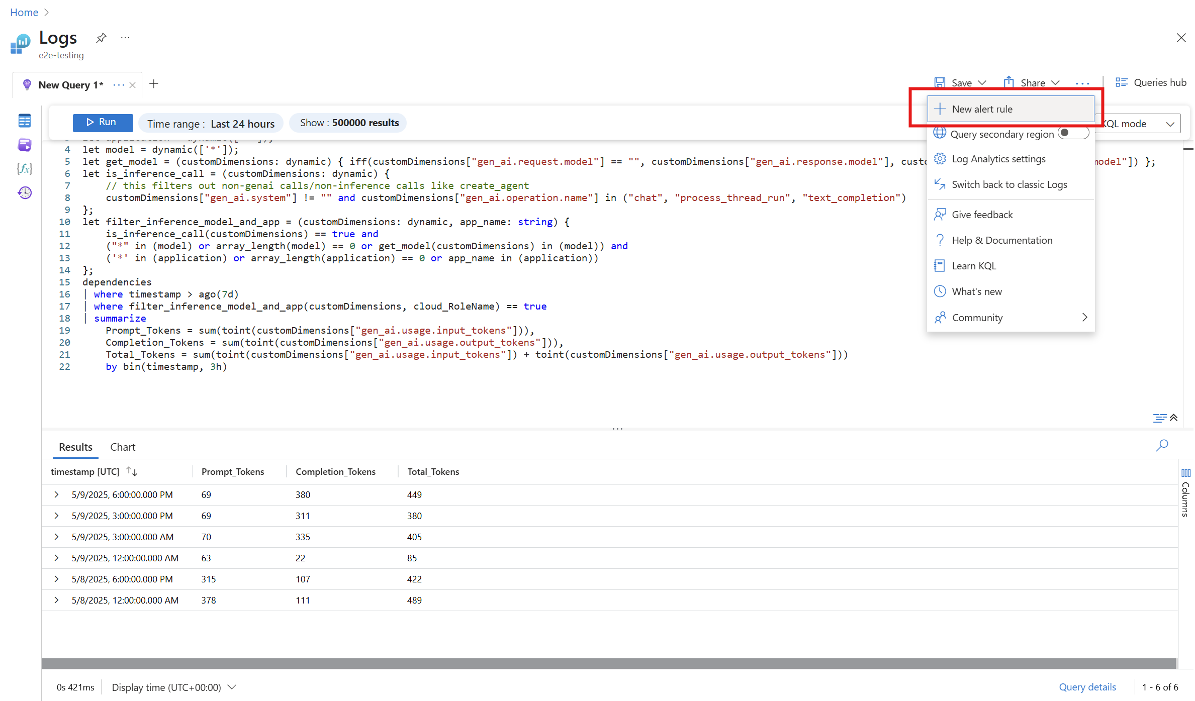 Screenshot of logs highlighting new alert rule button in Azure portal.