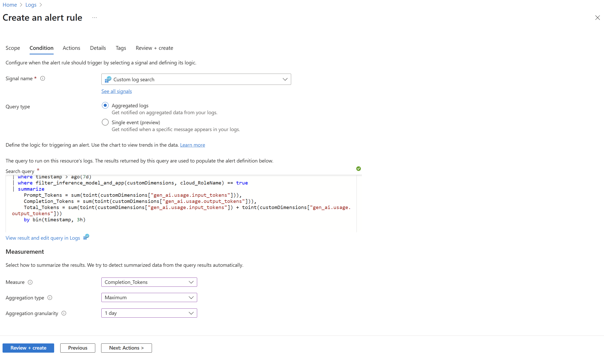 Screenshot of create an alert rule wizard in Azure portal.