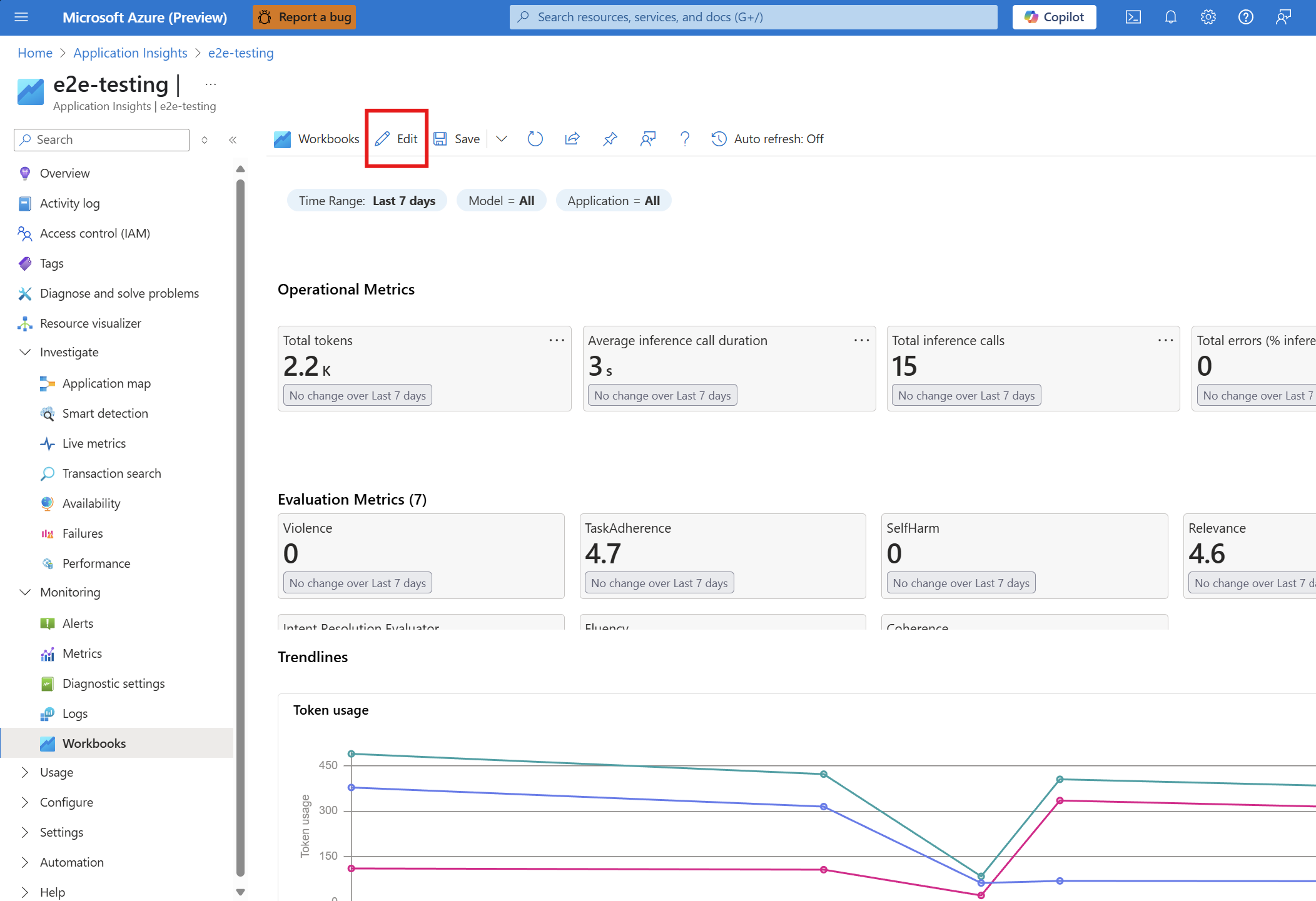 Screenshot of the workbooks tab under monitoring highlighting the edit button in the Azure portal.