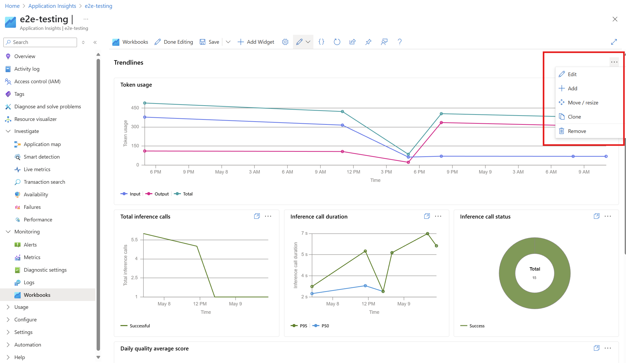 Screenshot of workbooks tab under monitoring highlighting modify element buttons in Azure portal.