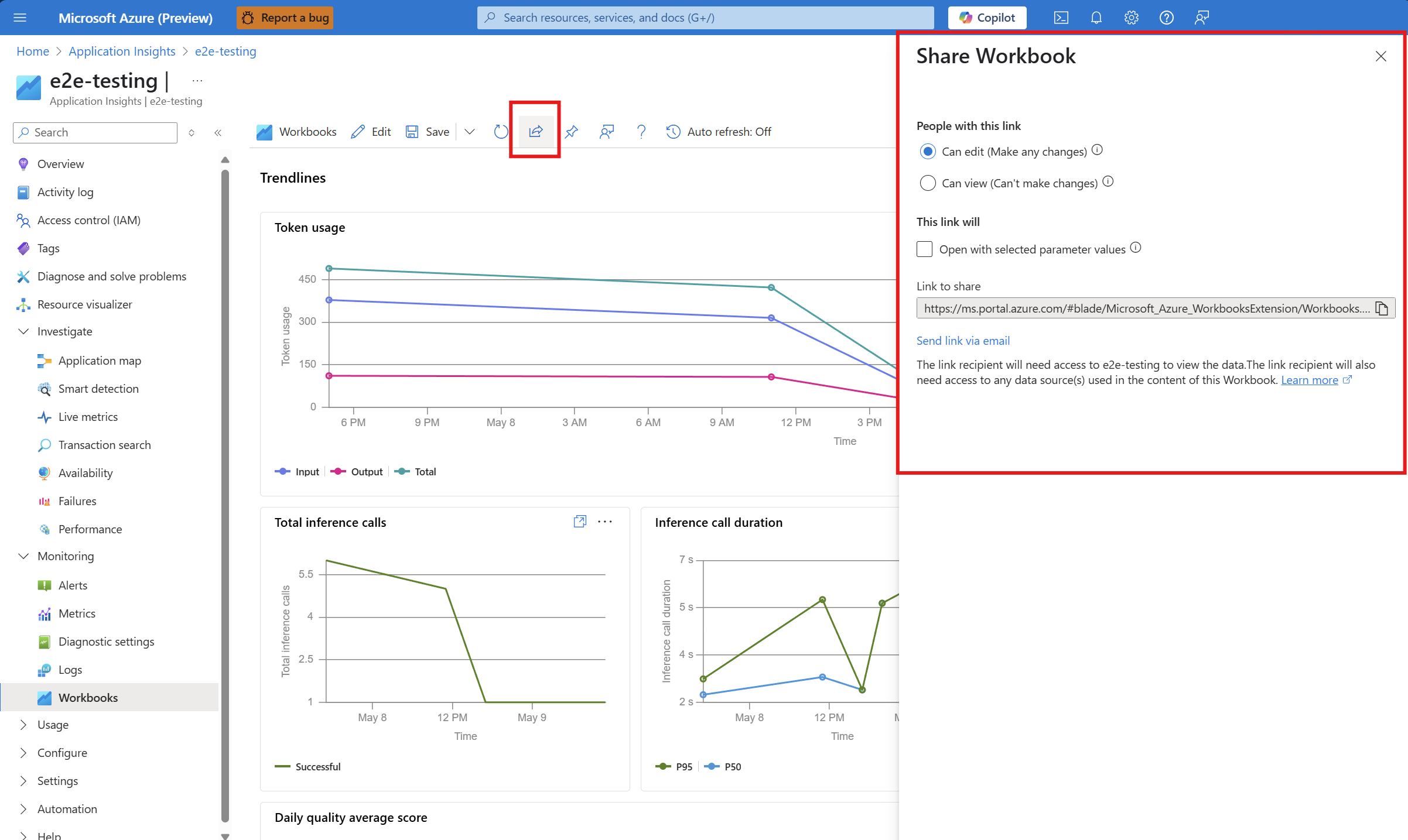Screenshot of workbooks tab under monitoring highlighting share workbook button and tab in Azure portal.
