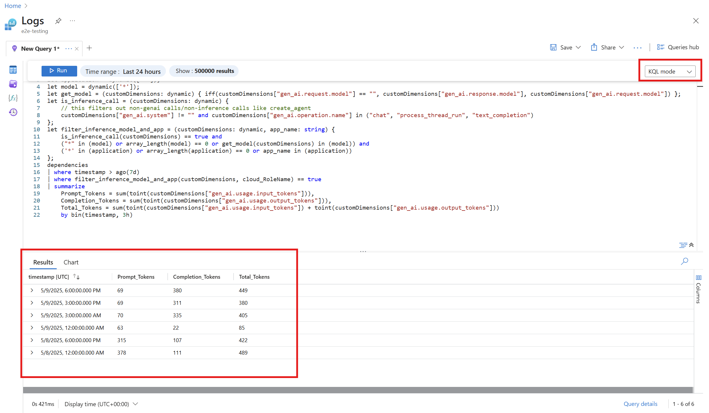 Screenshot of logs highlighting KQL mode and results in Azure portal.