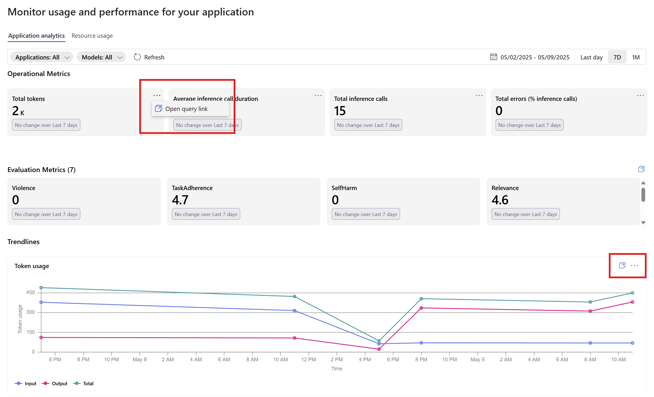 Screenshot of application analytics dashboard view highlighting the open query link button in Azure portal.