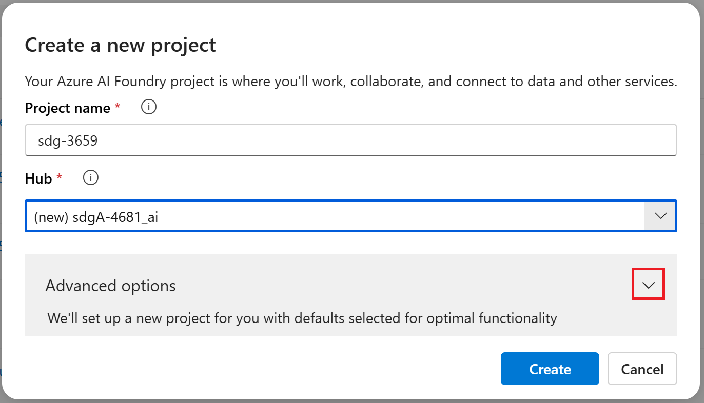 Screenshot of the customize button within the create project dialog.