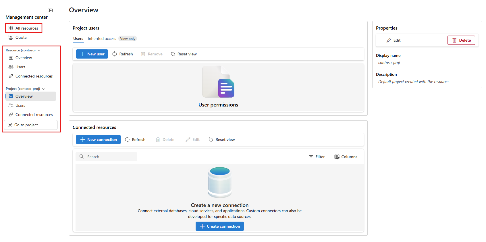 Screenshot of the all resources, hub, and project sections of the management studio selected.