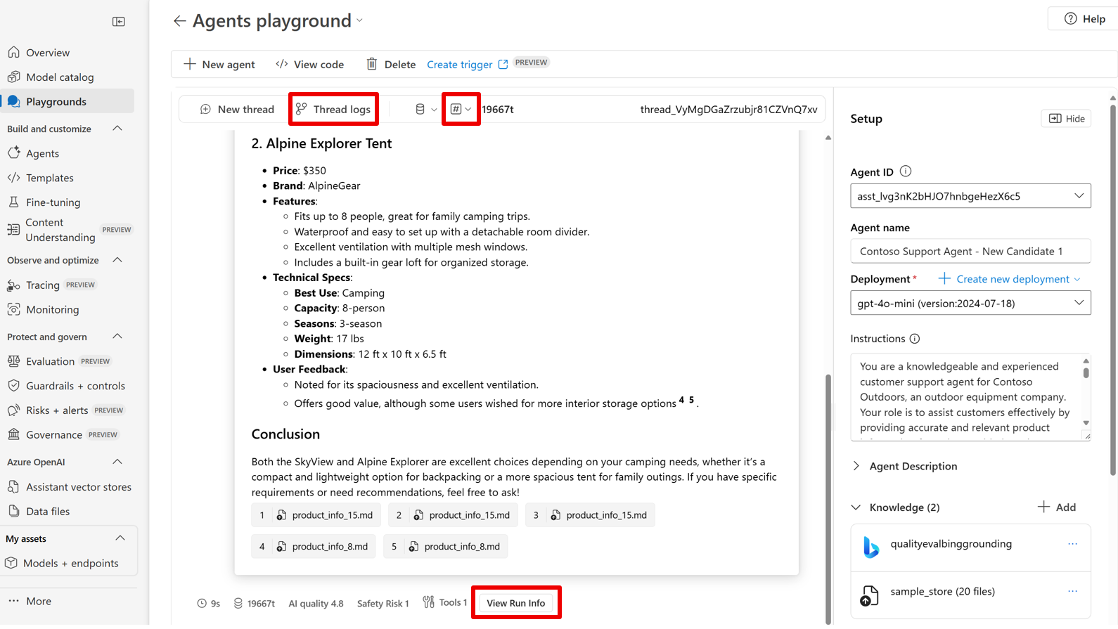 A screenshot of the agent playground in the Azure AI Foundry portal.
