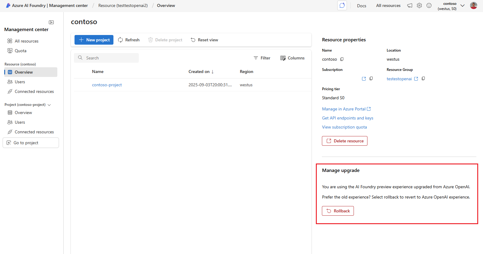 Screenshot shows the roll back option in the Azure AI Foundry portal.