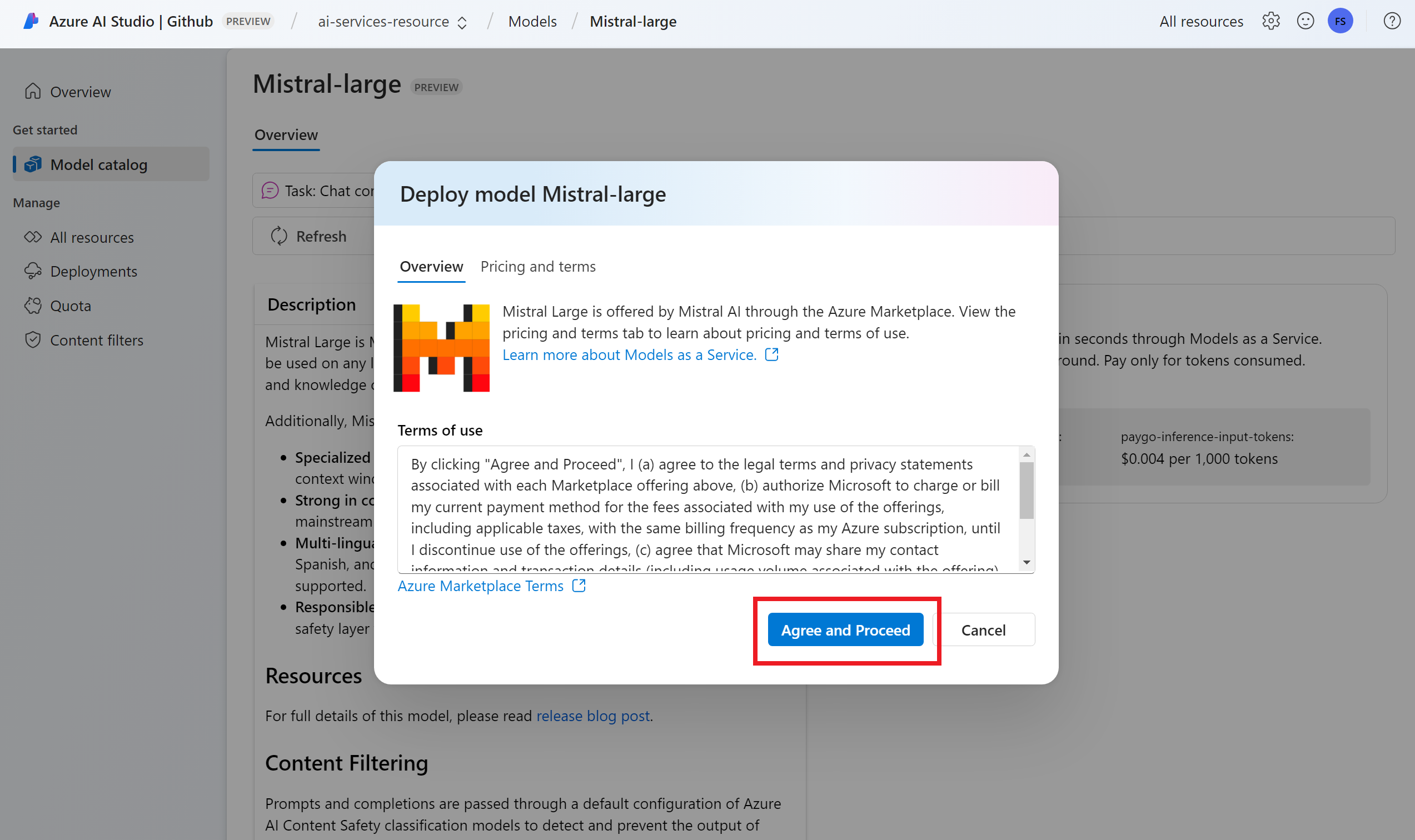 Screenshot showing how to agree the terms and conditions of a Mistral-Large model.