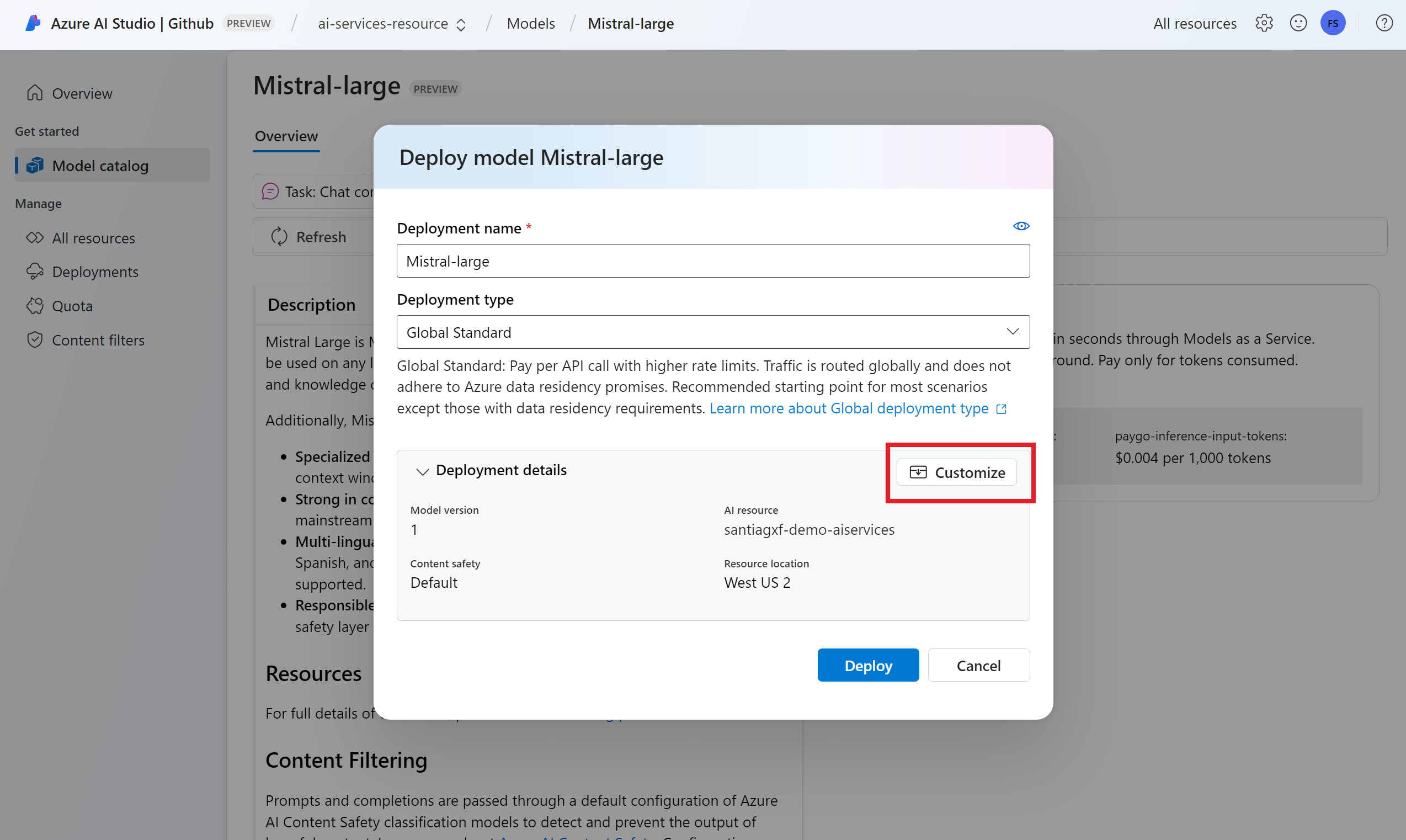 Screenshot showing how to customize the deployment if needed.
