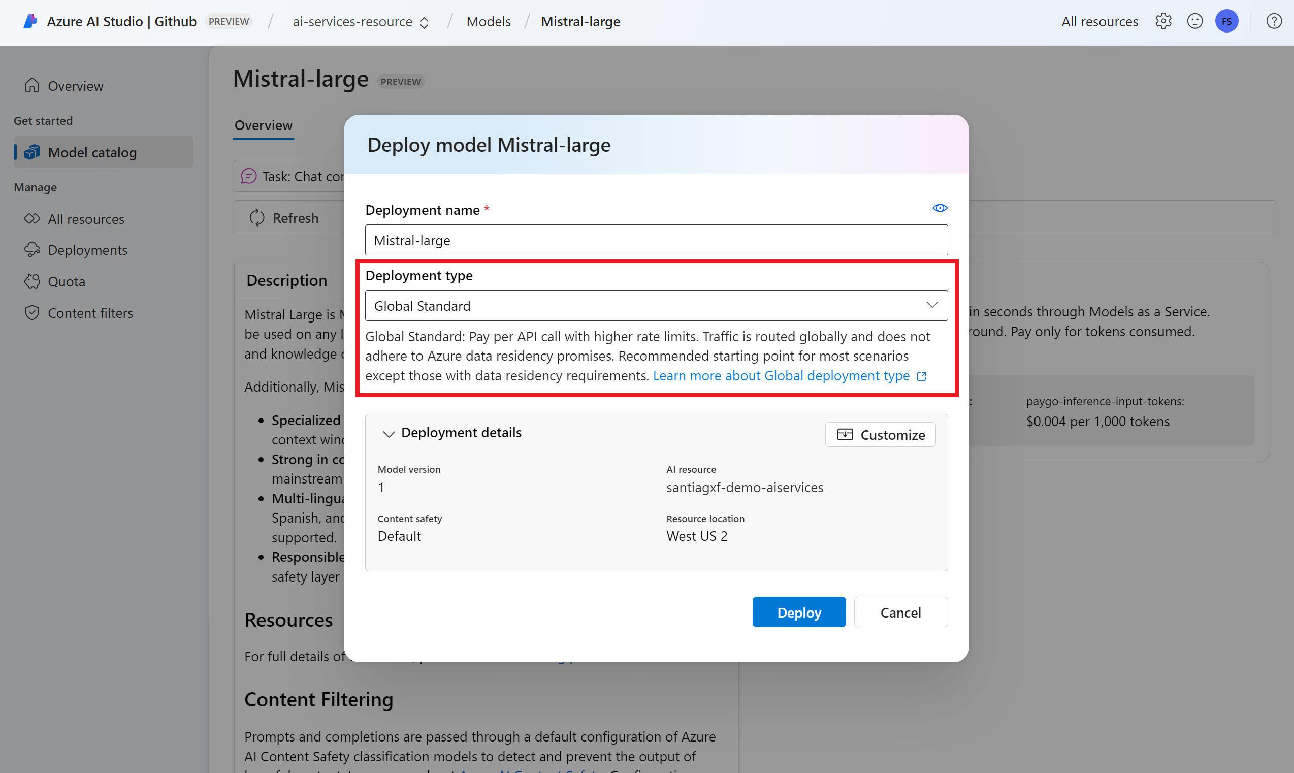 Screenshot showing how to customize the deployment type for a given model deployment.