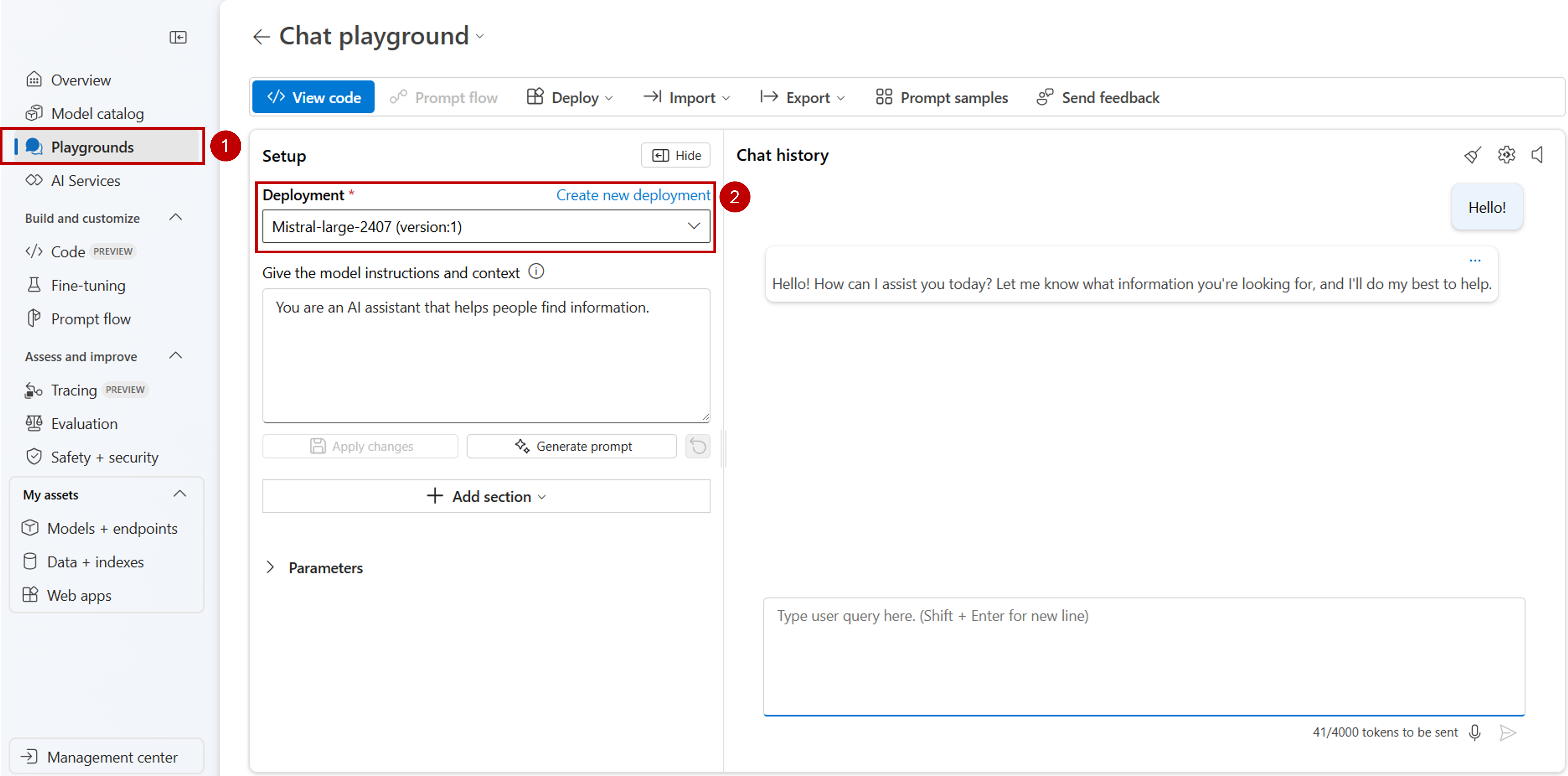 Screenshot showing how to select a model deployment to use in playground.