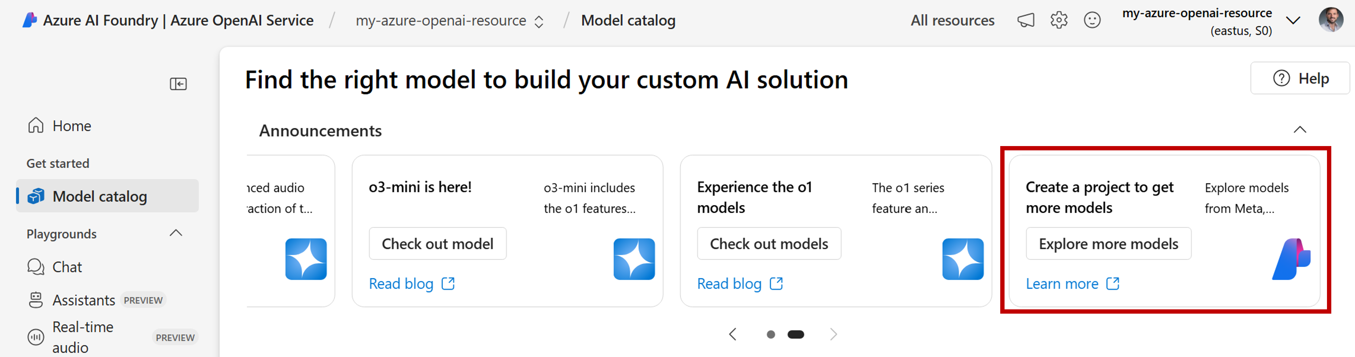 Screenshot showing the card with the option to explore all the models from the catalog.
