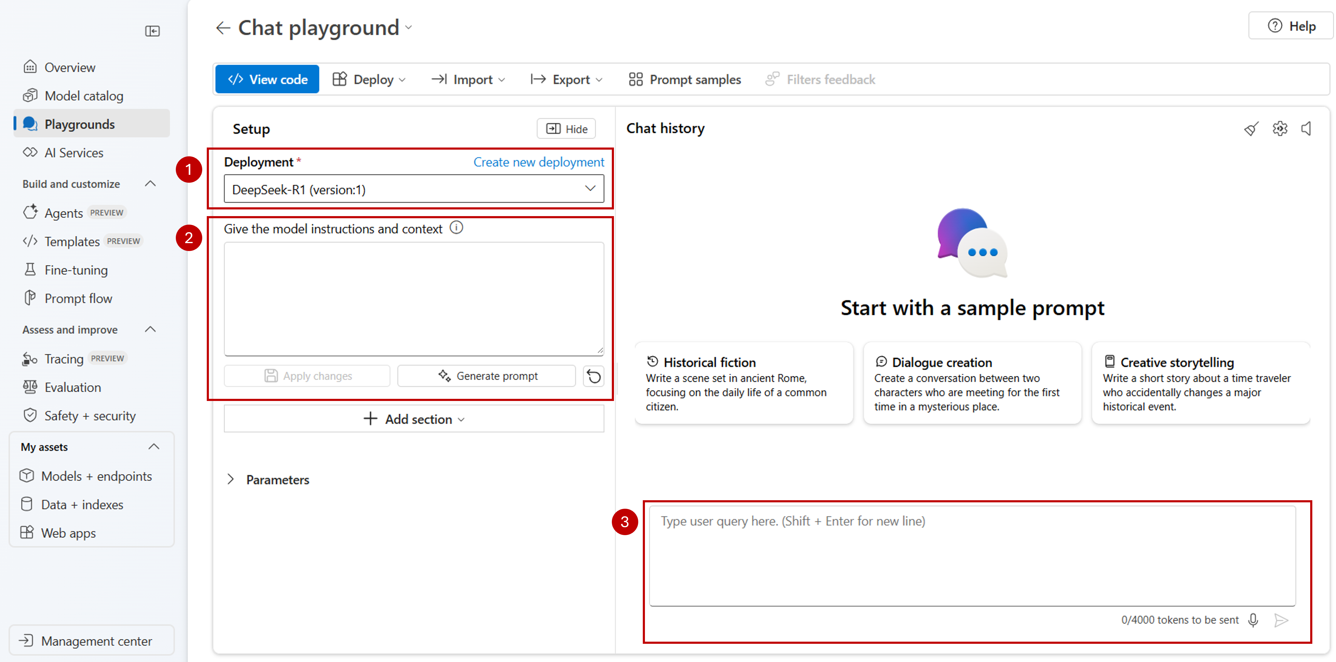 Screenshot showing how to select a model deployment to use in playground, configure the system message, and test it out.