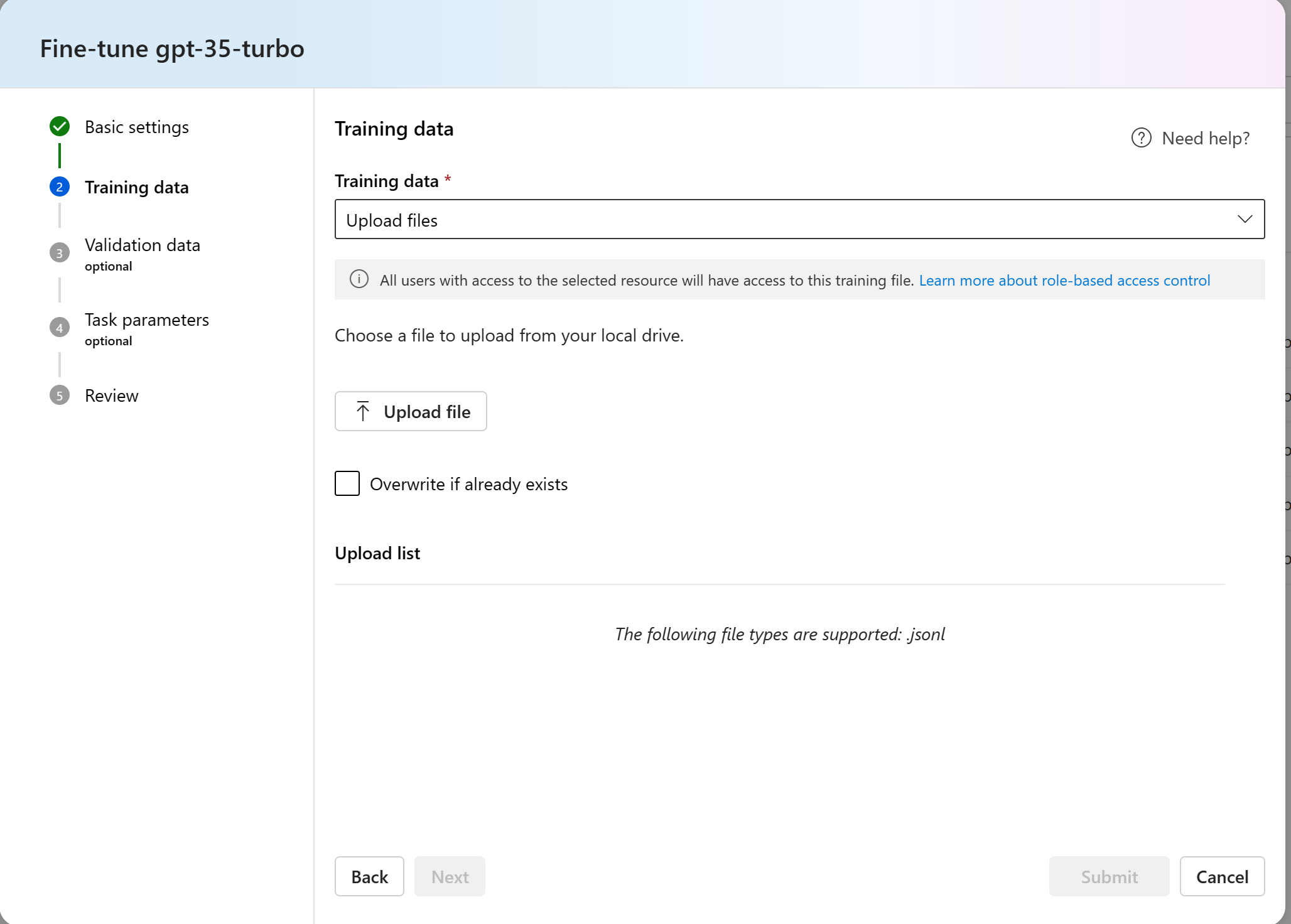 Screenshot of the Training data pane for the Fine-tune model wizard in Azure AI Foundry portal.