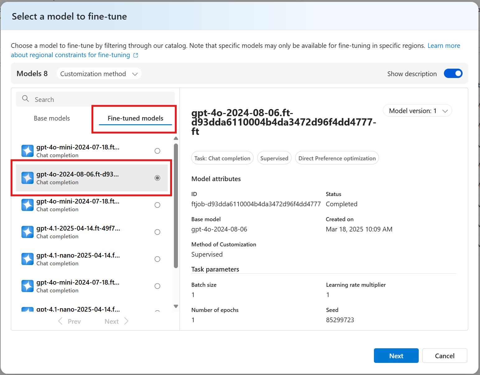 Screenshot of the Create a custom model UI with a fine-tuned model highlighted.