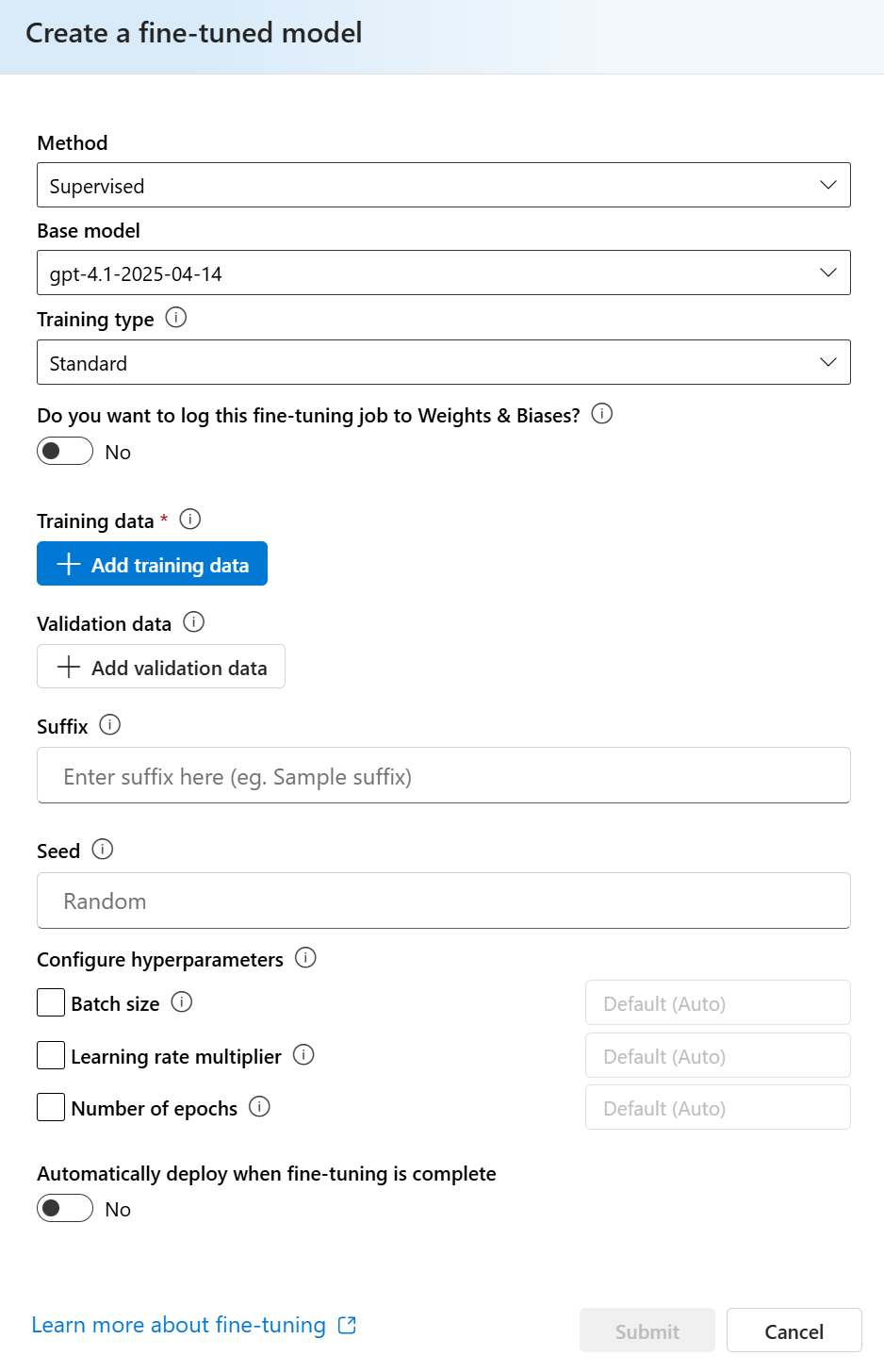 Screenshot of the Create a fine-tuned model dialog.